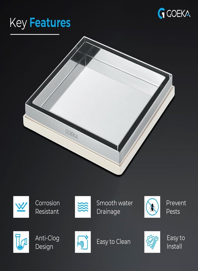 GOEKA 6" x 6" SS 304 Stainless Steel Tile & Marble Insert Floor Drain | Reverse Plate Jali Stainer | Square Bathroom, Roof, Terrace, Balcony Drain | Anti-Clog & Rust-Resistant - Image 4